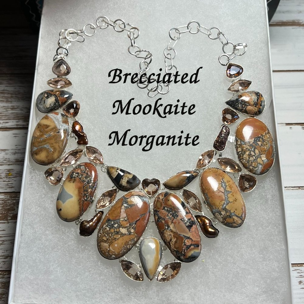 Brecciated Mookaite Morganite Necklace Handmade Stone Gemstone 925 Silver Large